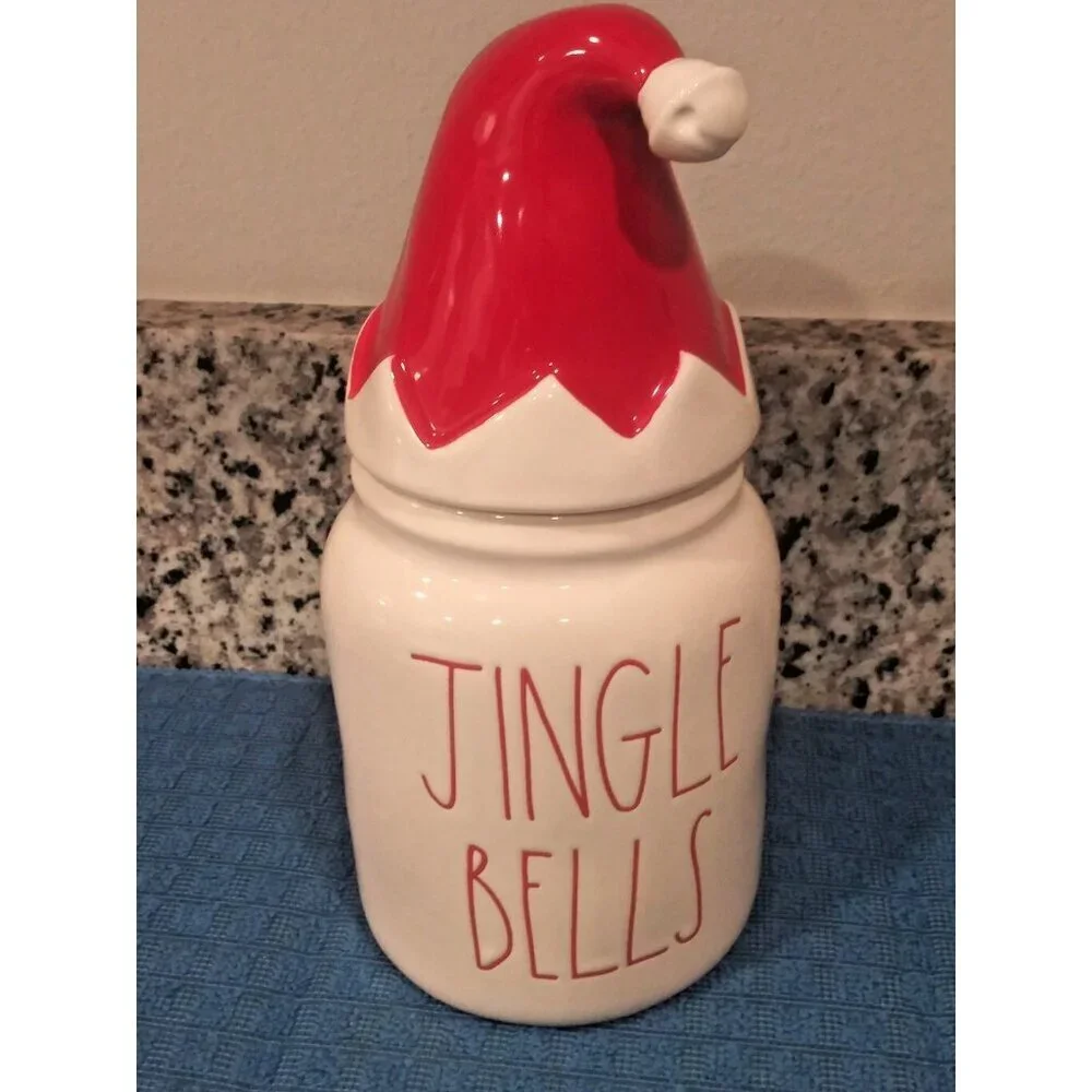 Rae Dunn JINGLE BELLS CANISTER Cookie Jar Santa Elf Hat Holiday Christmas EUC 9